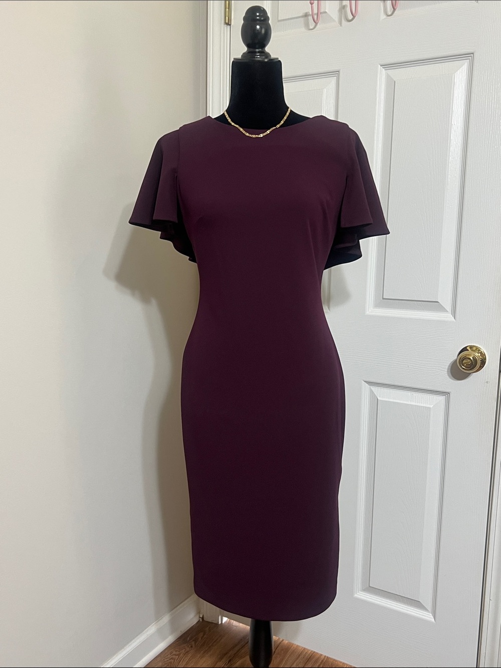 Calvin Klein Deep Plum Midi Sheath Dress with Flutter Sleeves